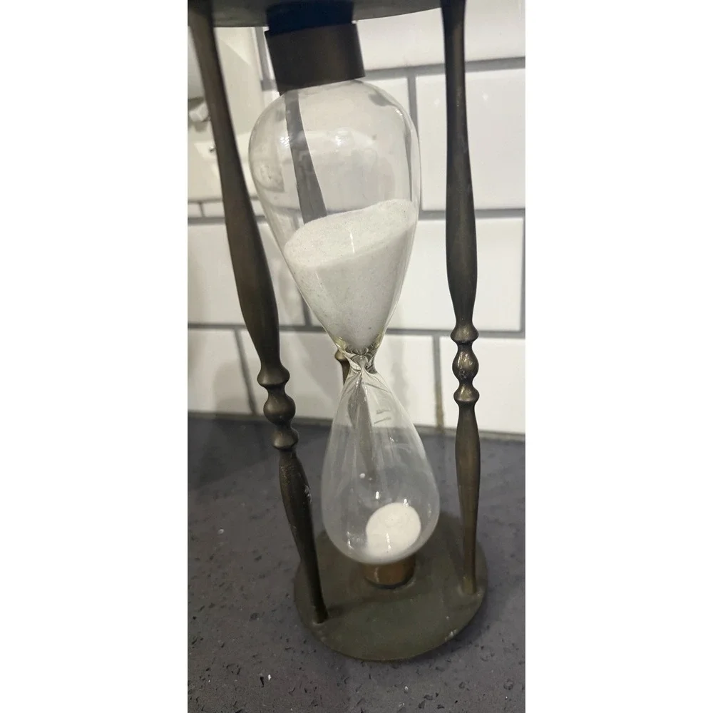 Vtg Brass & Glass Hourglass Sand Timer White Sand